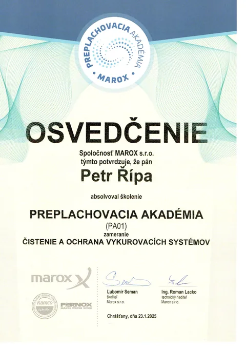 Osvědčení MAROX s.r.o. pro Petra Řípu — Preplachovacia akadémia (PA01), zaměření Čistenie a ochrana vykurovacích systémov, 23. 1. 2025
